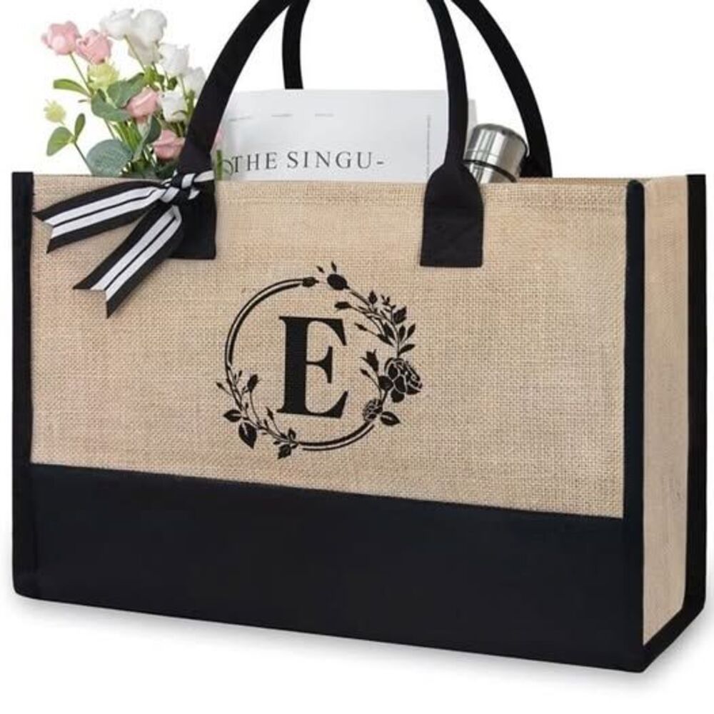 Tote Bag Set 2Piece Personalized Initial E Jute Beach Bag Monogram Gift Set NWT